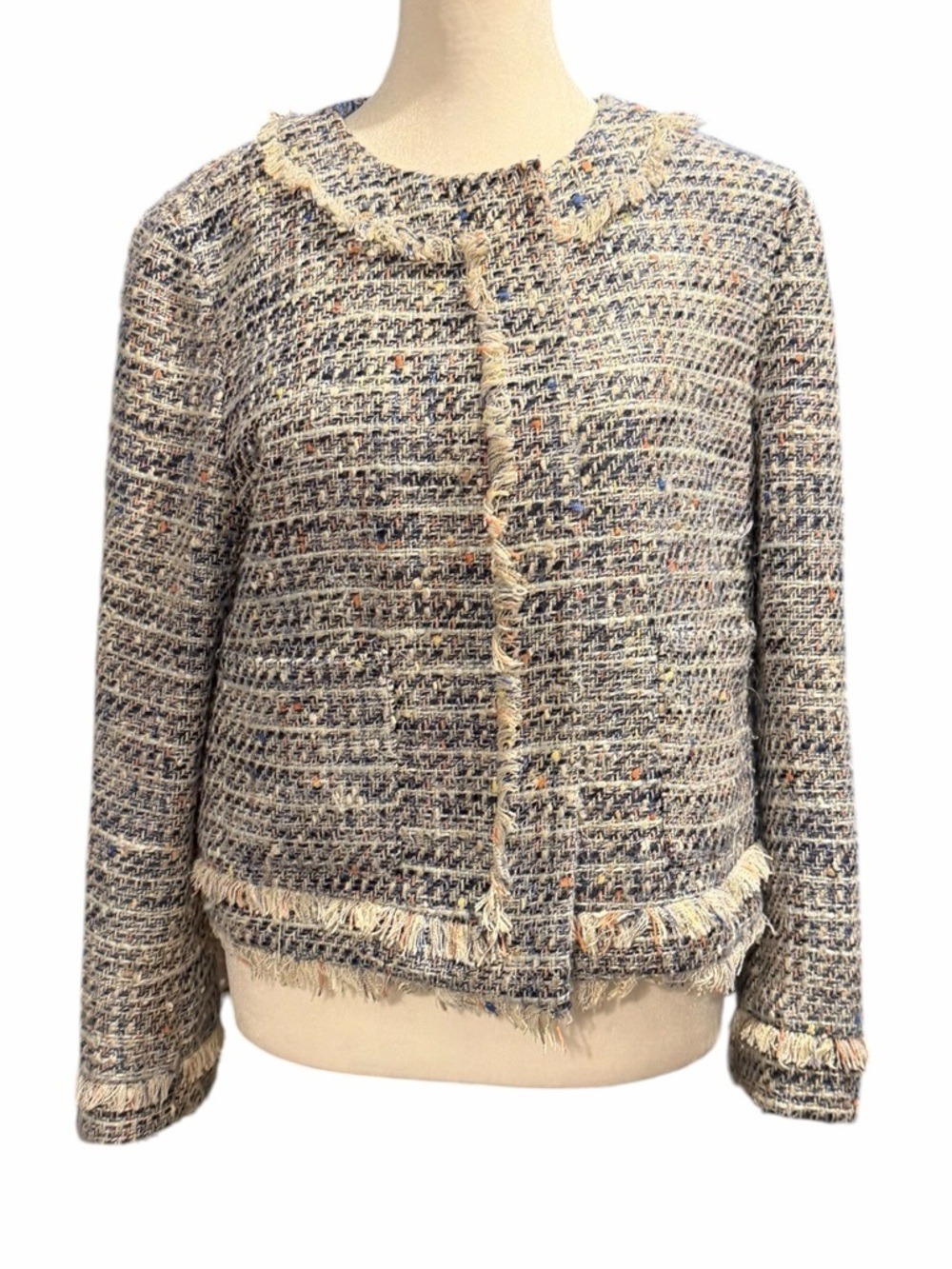 J. Crew Tweed Lady Jacket Multicolor Zip Up Pockets Fringe Fully Lined Size 10 - Picture 1 of 9
